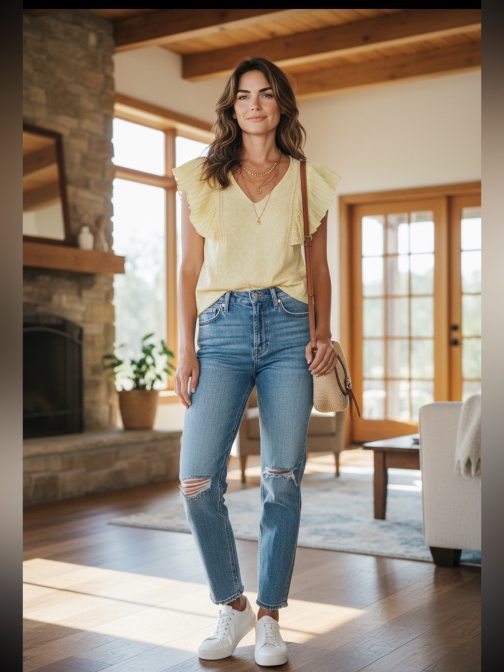 Belldini Lemon Pleated-Ruffle V-Neck Top